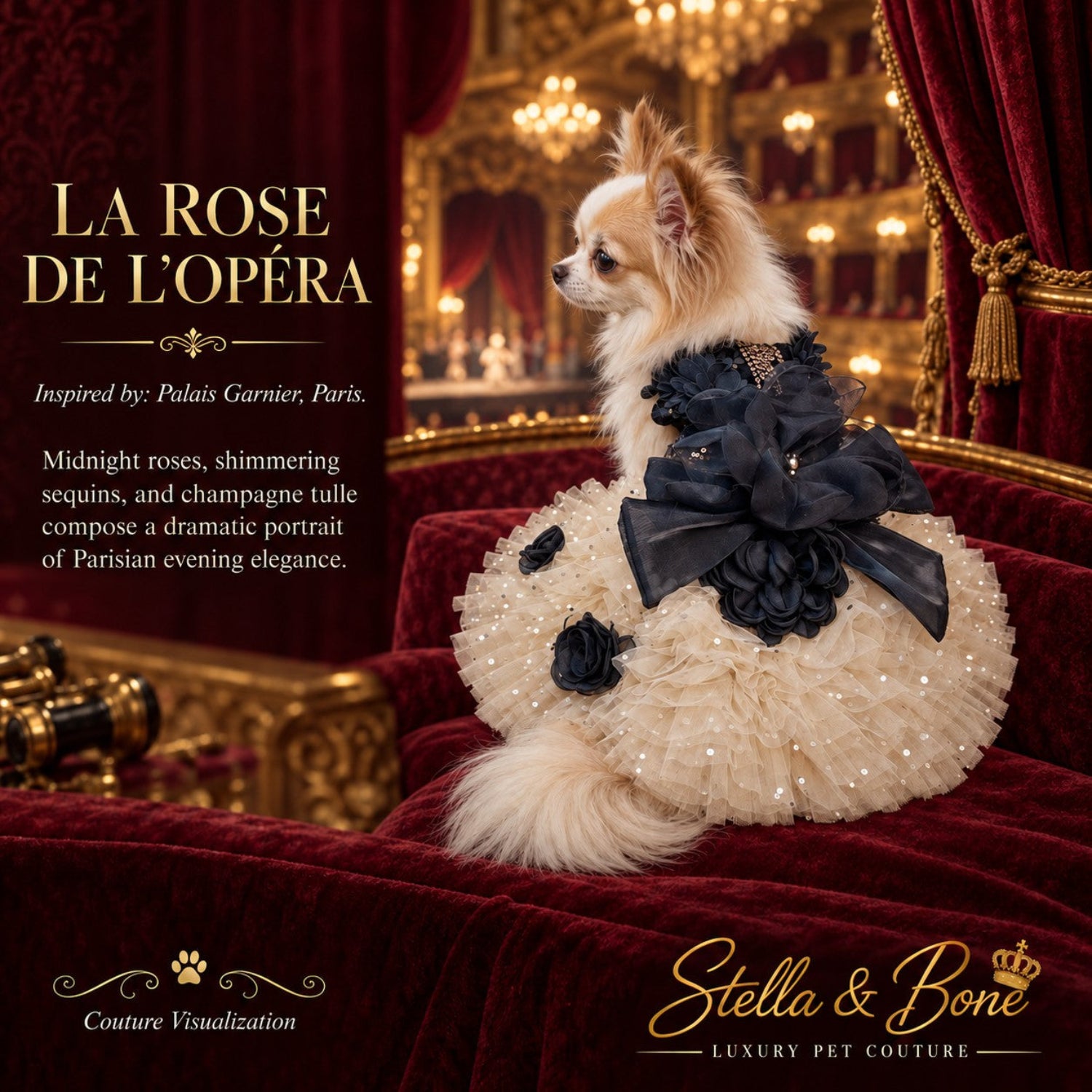 Long-haired Chihuahua wearing La Rose de L'Opéra luxury dog gown on a red velvet seat in a grand opera theater.