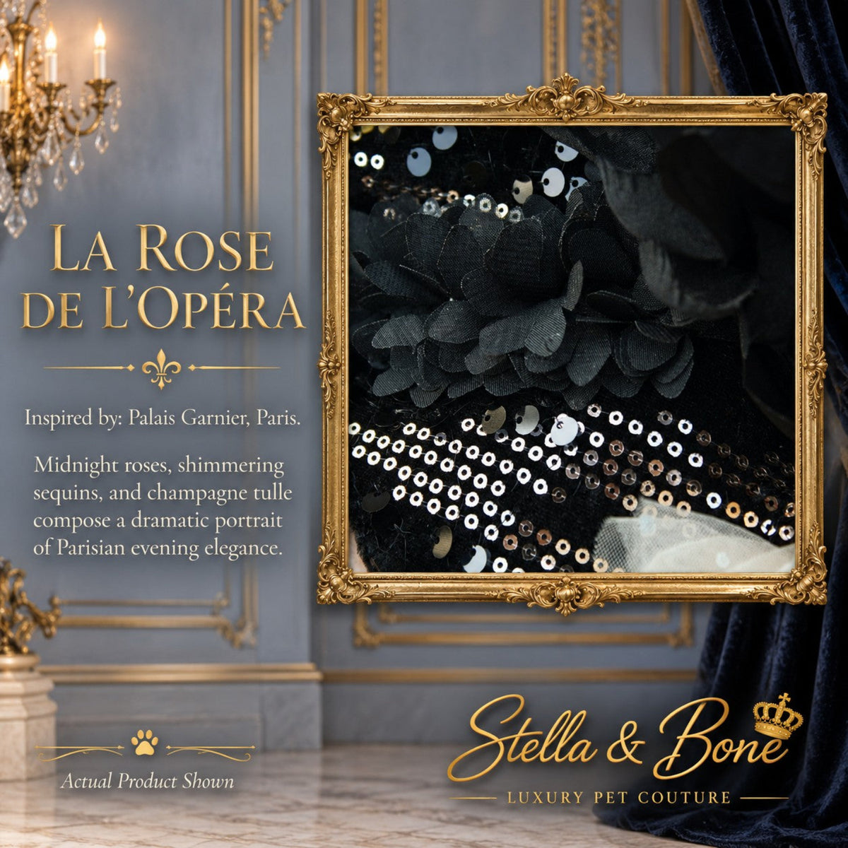 LA ROSE DE L'OPÉRA close-up of a black sequined couture dog dress with rose motifs and sequins