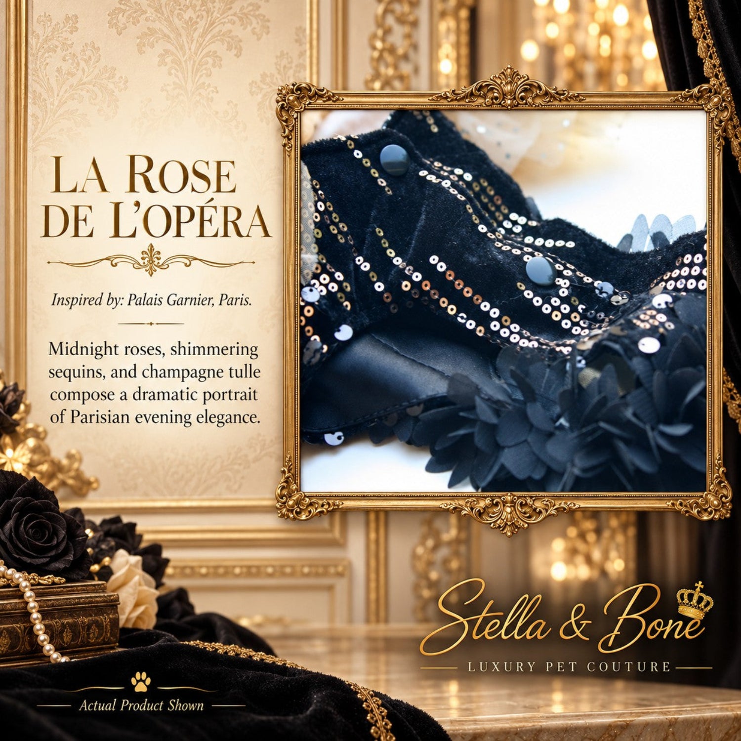 Premium belly snap button closures on La Rose de L'Opéra luxury dog clothing with meticulous sequin embroidery.