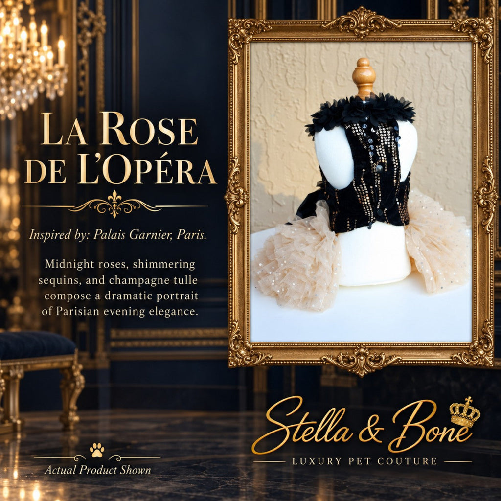 Back view of La Rose de L'Opéra luxury dog dress highlighting the shimmering black and gold sequin bodice design.