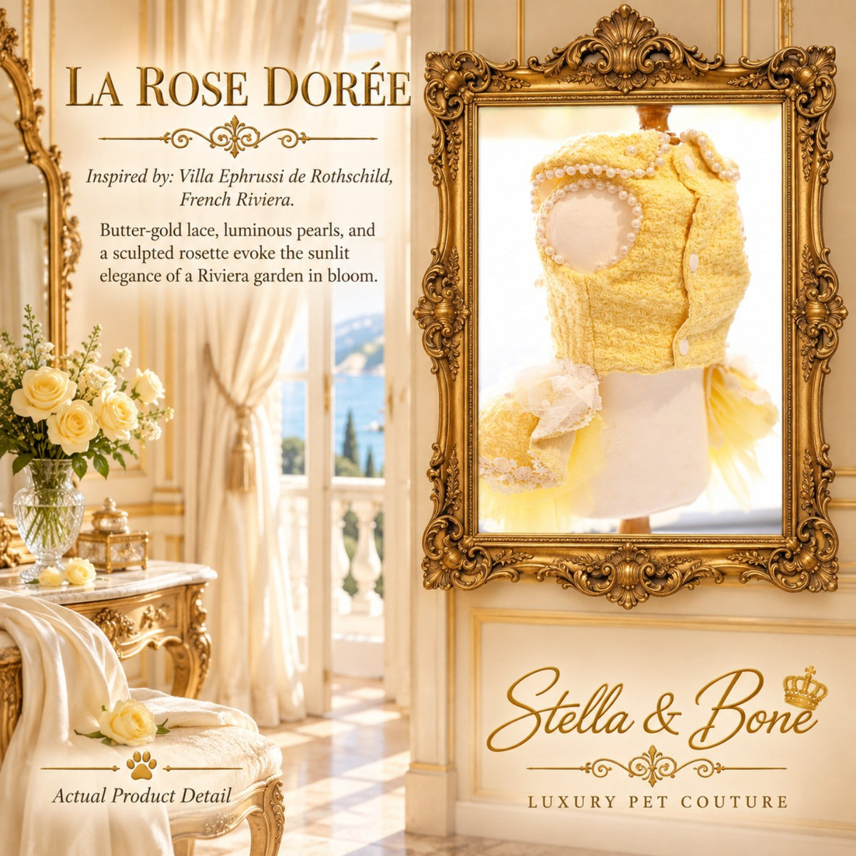 La Rose Dorée luxury dog dress with butter-gold lace and pearls displayed on a mannequin inside an elegant gold frame.