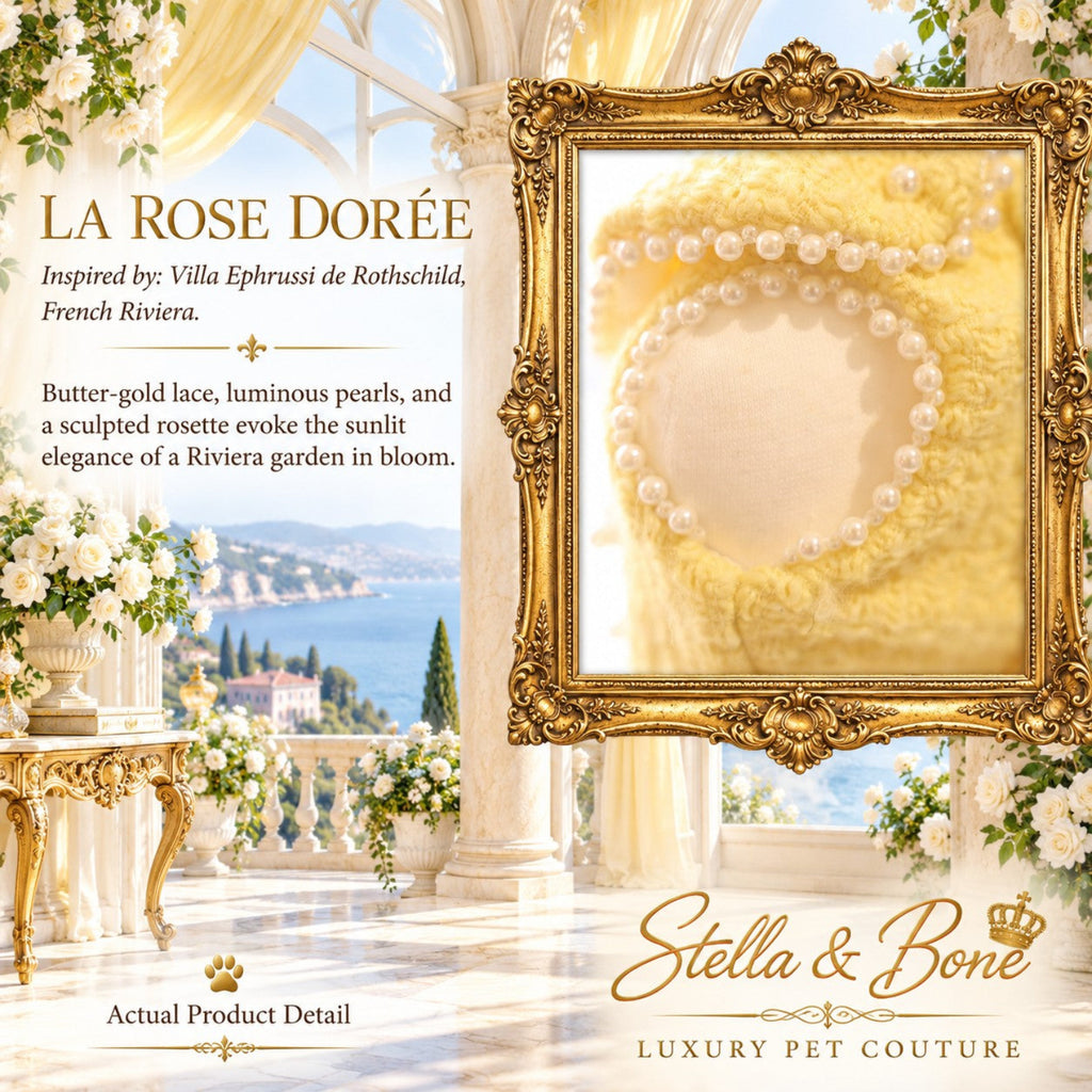 Close-up detail of La Rose Dorée luxury dog gown showing an armhole ringed with a delicate strand of luminous white pearls.
