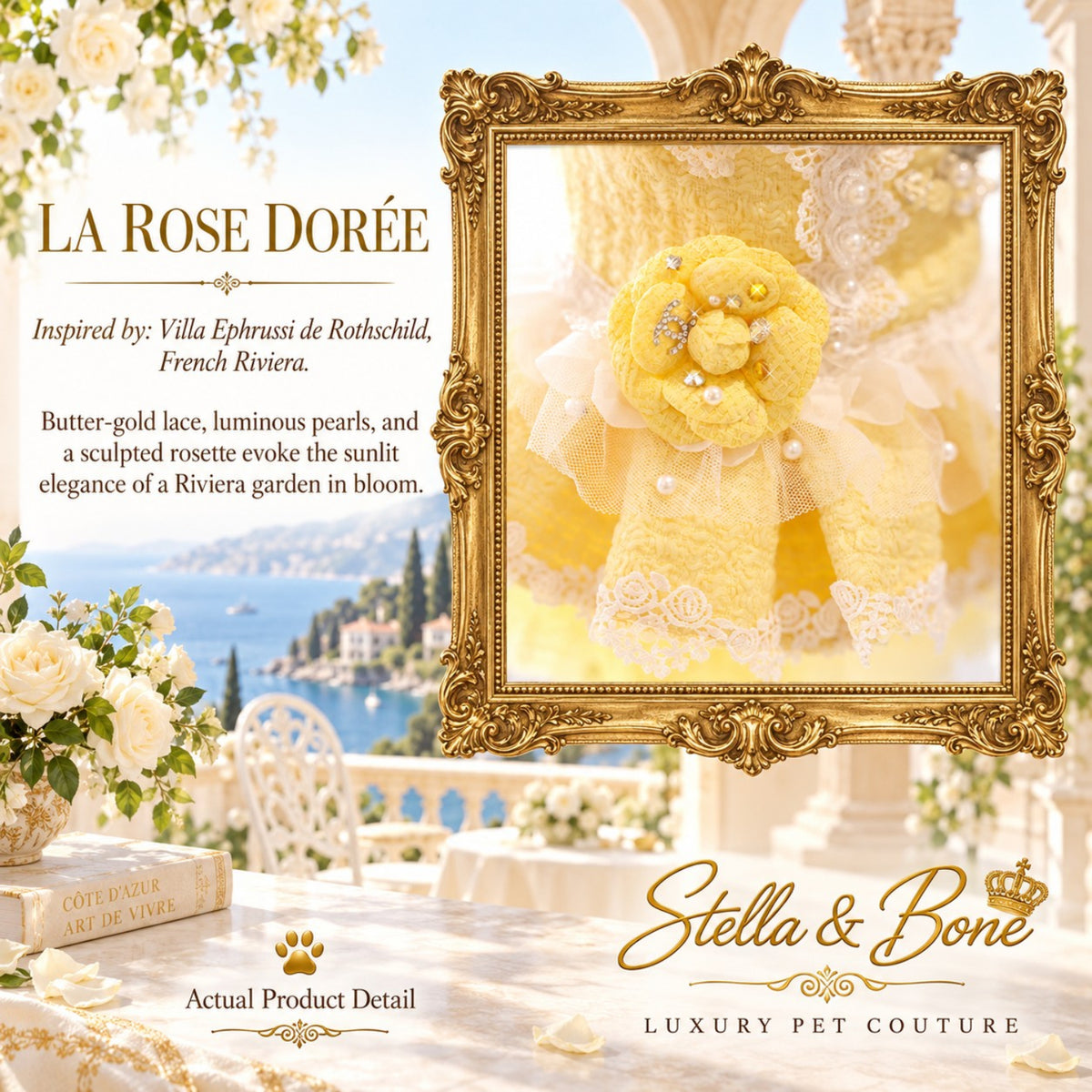 Close-up detail of La Rose Dorée luxury dog gown showing a sculpted yellow rosette centerpiece and layered lace trim.
