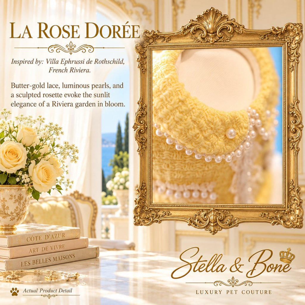 Close-up detail of La Rose Dorée luxury pet couture collar showcasing knitted yellow fabric lined with luminous pearls.