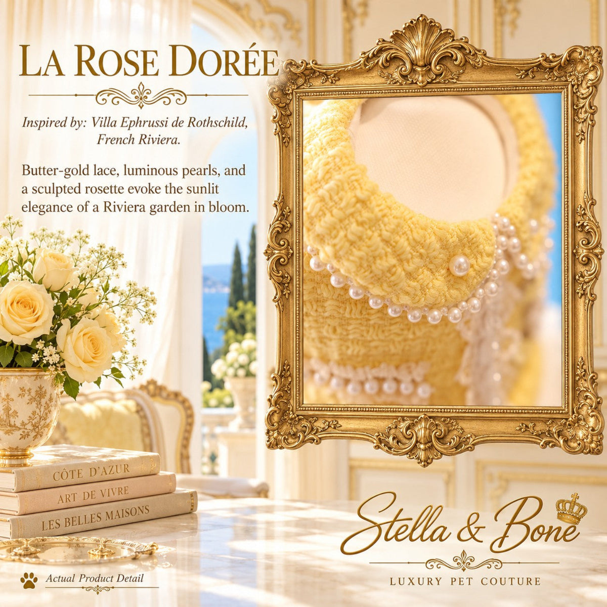 Close-up detail of La Rose Dorée luxury pet couture collar showcasing knitted yellow fabric lined with luminous pearls.