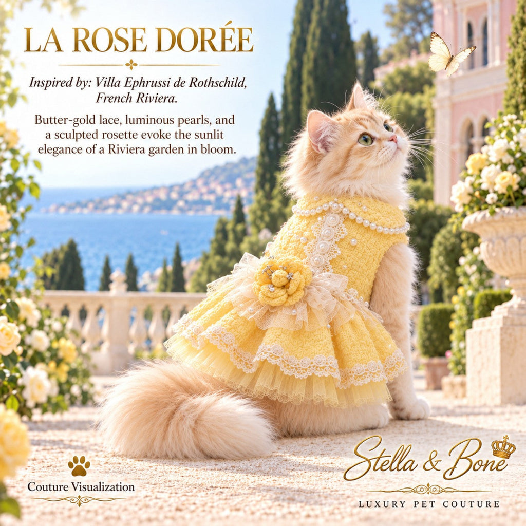  La Rose Dorée luxury pet dress with butter-gold lace, pearls, and a rosette worn by a fluffy cat at a French Riviera villa.