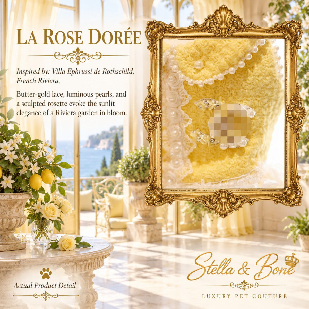 Close-up bodice of La Rose Dorée luxury pet gown showcasing yellow fabric, pearl trim, and sparkling crystal accents.
