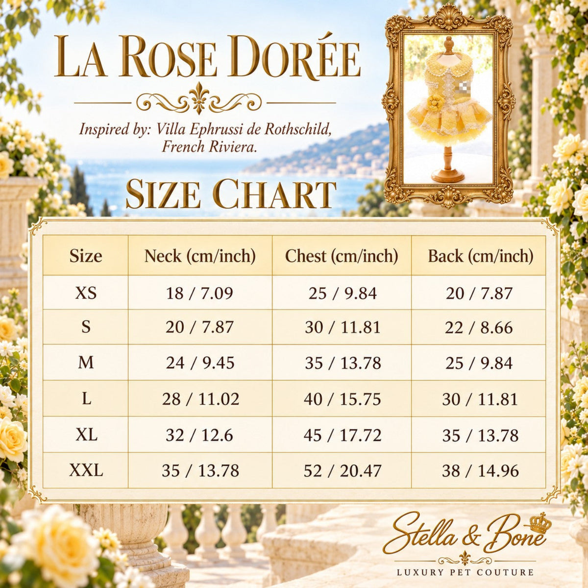 Size chart for La Rose Dorée luxury pet gown, showing neck, chest, and back measurements for sizes extra small to double XL.