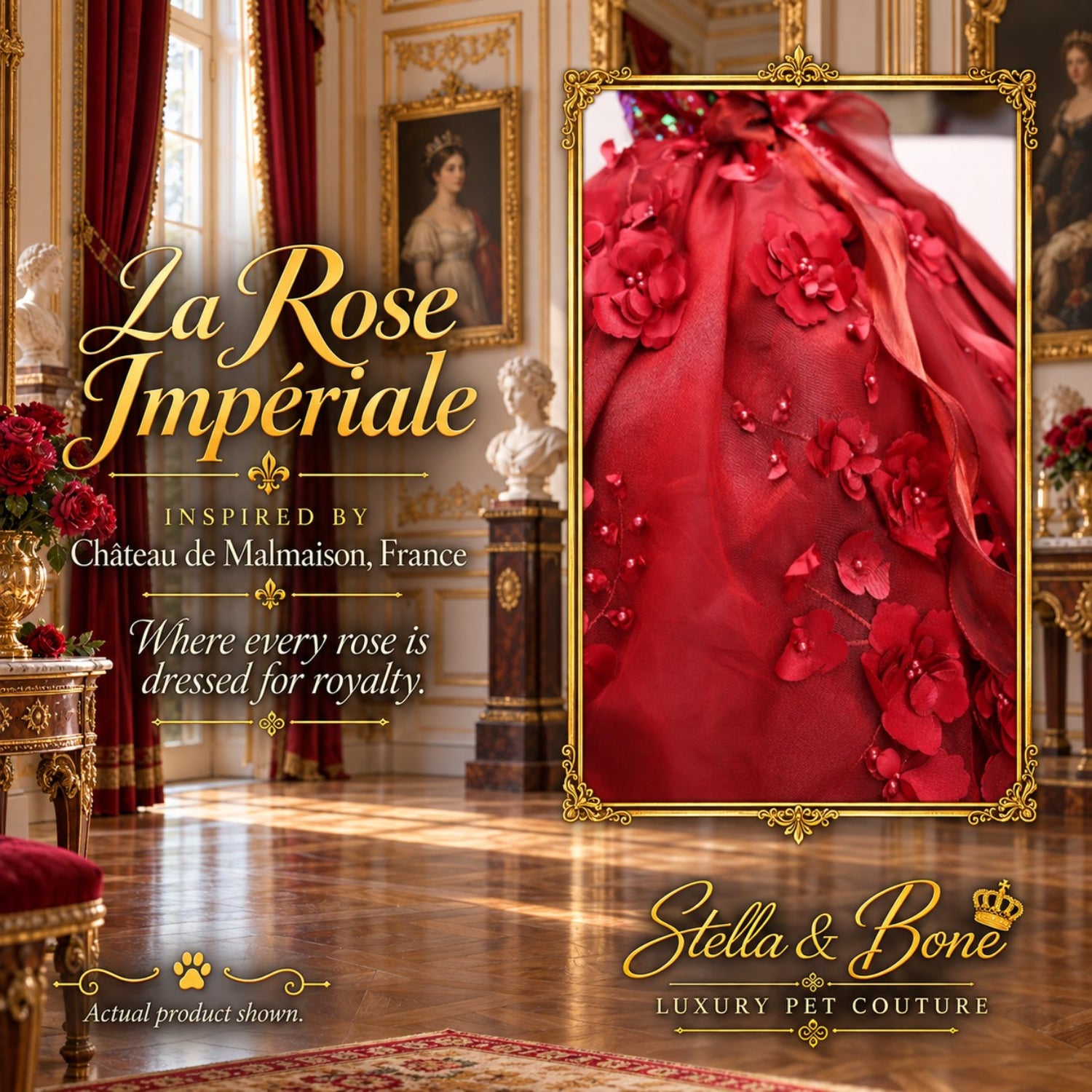 La Rose Impériale luxury dog dress skirt showcasing cascading red 3D flowers and intricate floral embroidery on sheer fabric