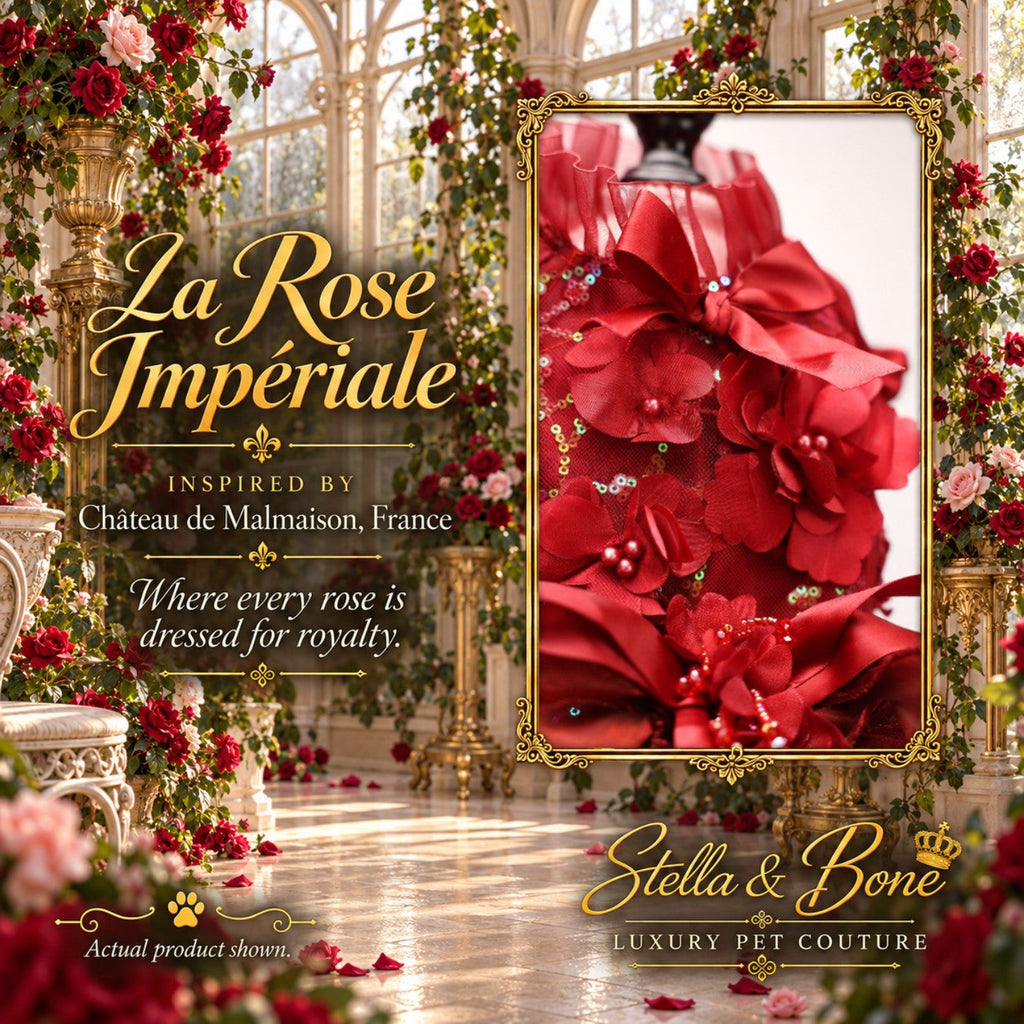 La Rose Impériale designer dog gown featuring a luxury red floral bodice with layered satin petals and shimmering sequins