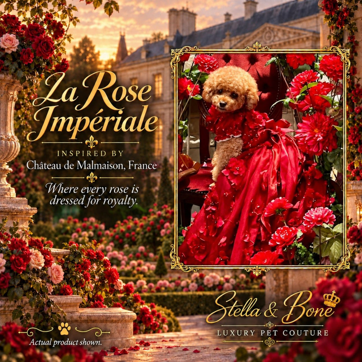 La Rose Imperiale luxury red rose pet gown on an apricot poodle sitting in a high-back chair