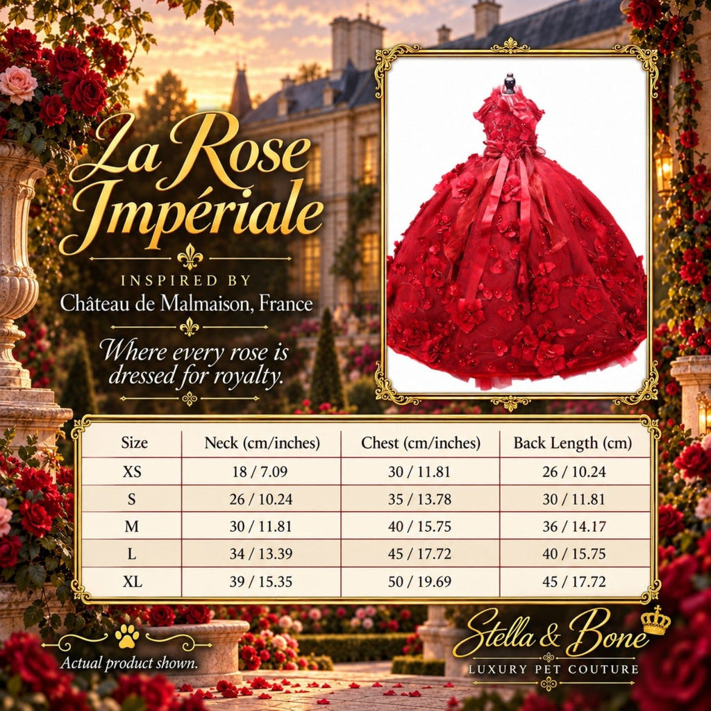 Sizing chart for the La Rose Impériale luxury dog dress available in standard and customizable sizes