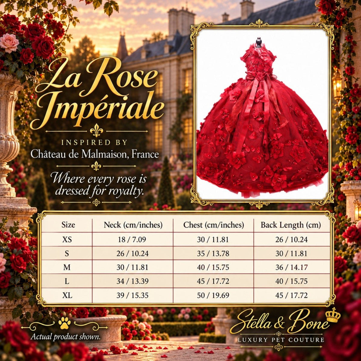 Sizing chart for the La Rose Impériale luxury dog dress available in standard and customizable sizes