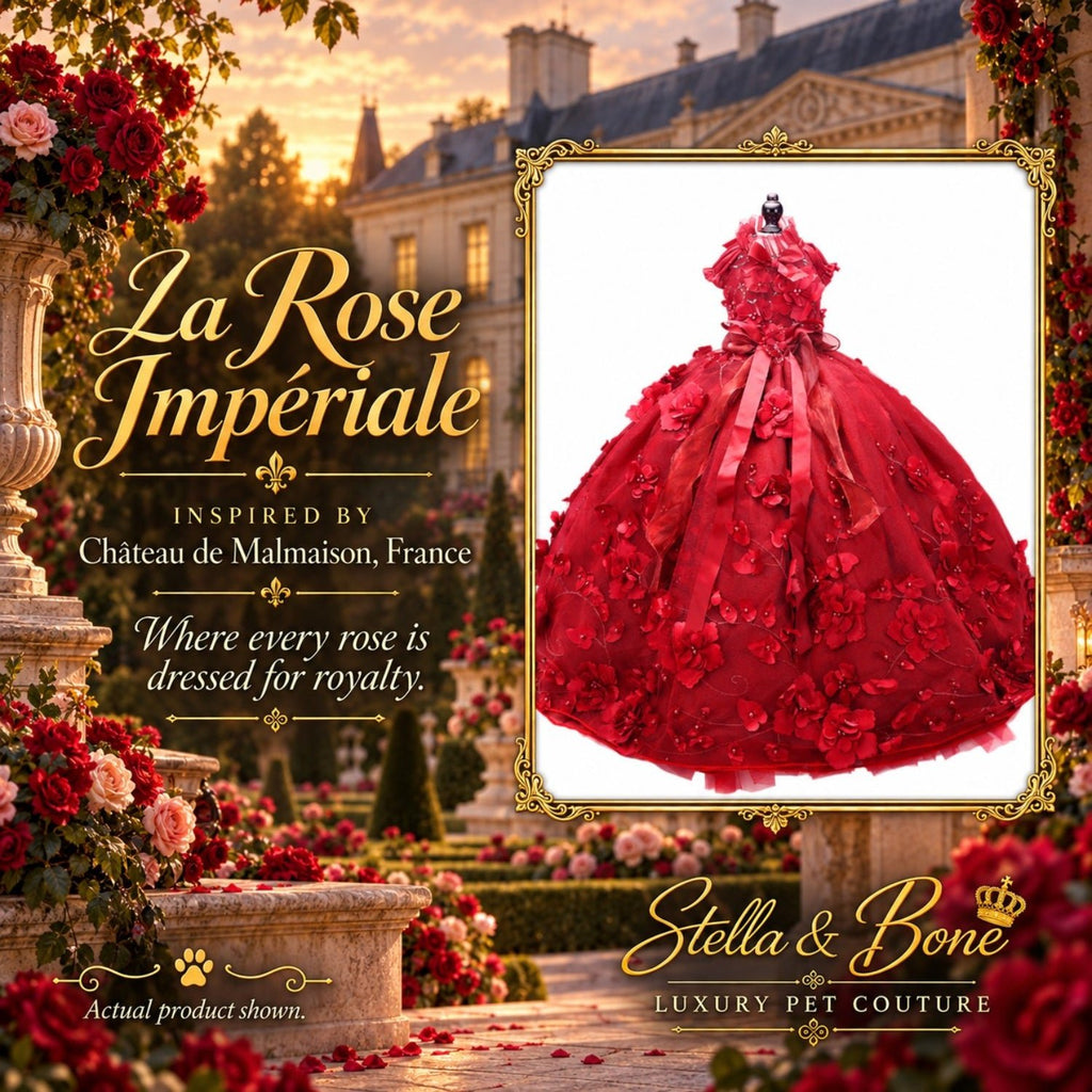 La Rose Impériale luxury floral red dog wedding dress displayed on a mannequin for a formal pet wedding outfit