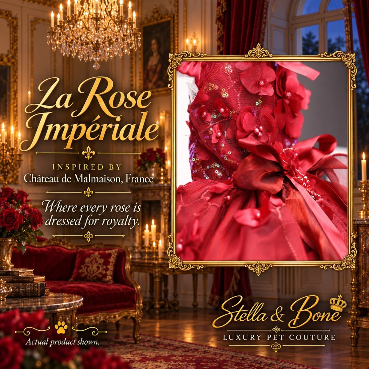 Luxury red dog dress from the La Rose Impériale collection, featuring intricate 3D floral roses, red sequins, and a satin bow