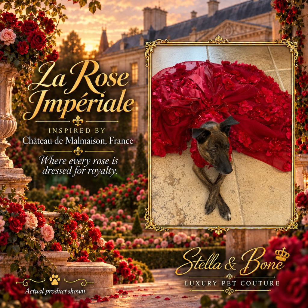 La Rose Imperiale luxury red floral couture dog dress on a brindle dog with crossed paws