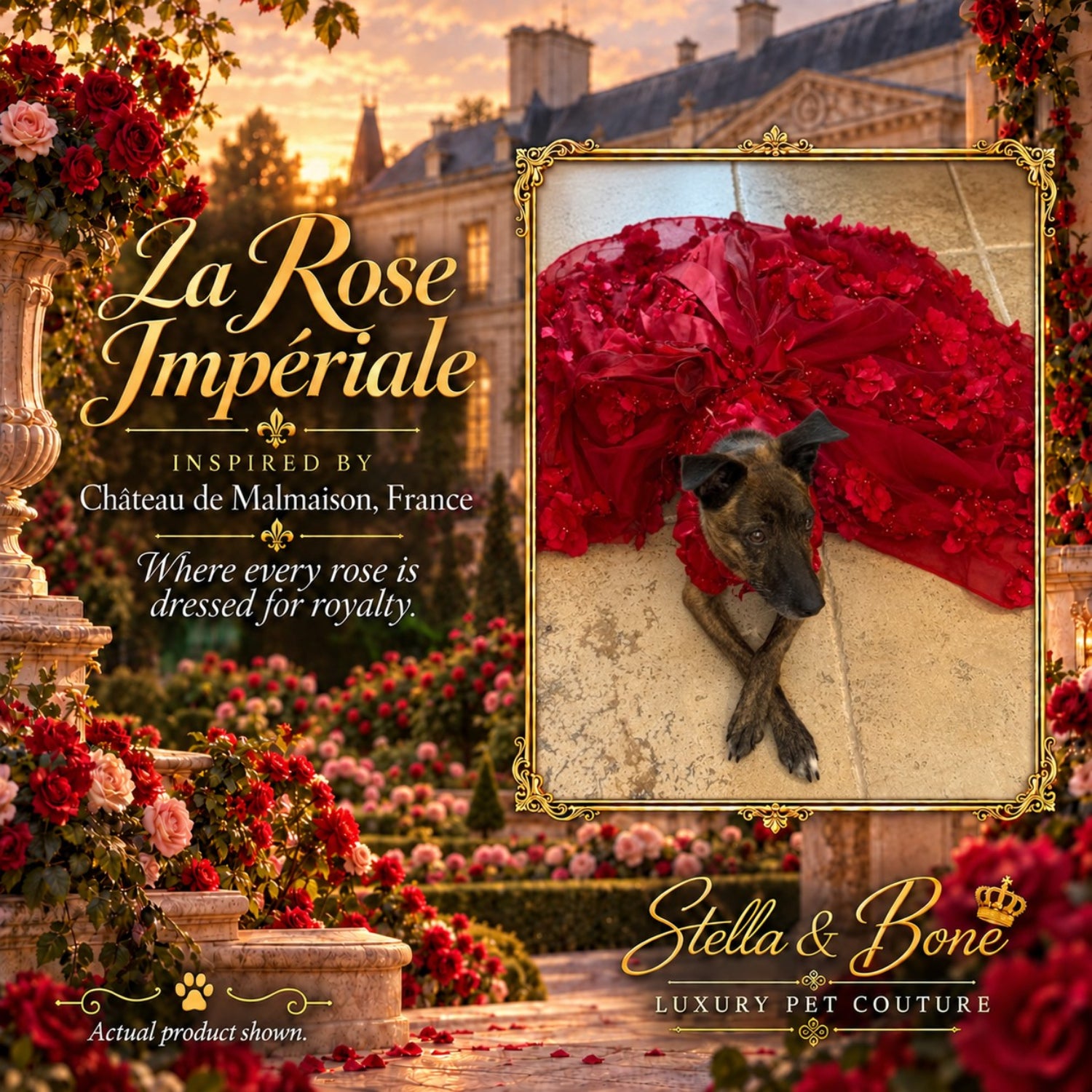 La Rose Imperiale luxury red floral couture dog dress on a brindle dog with crossed paws