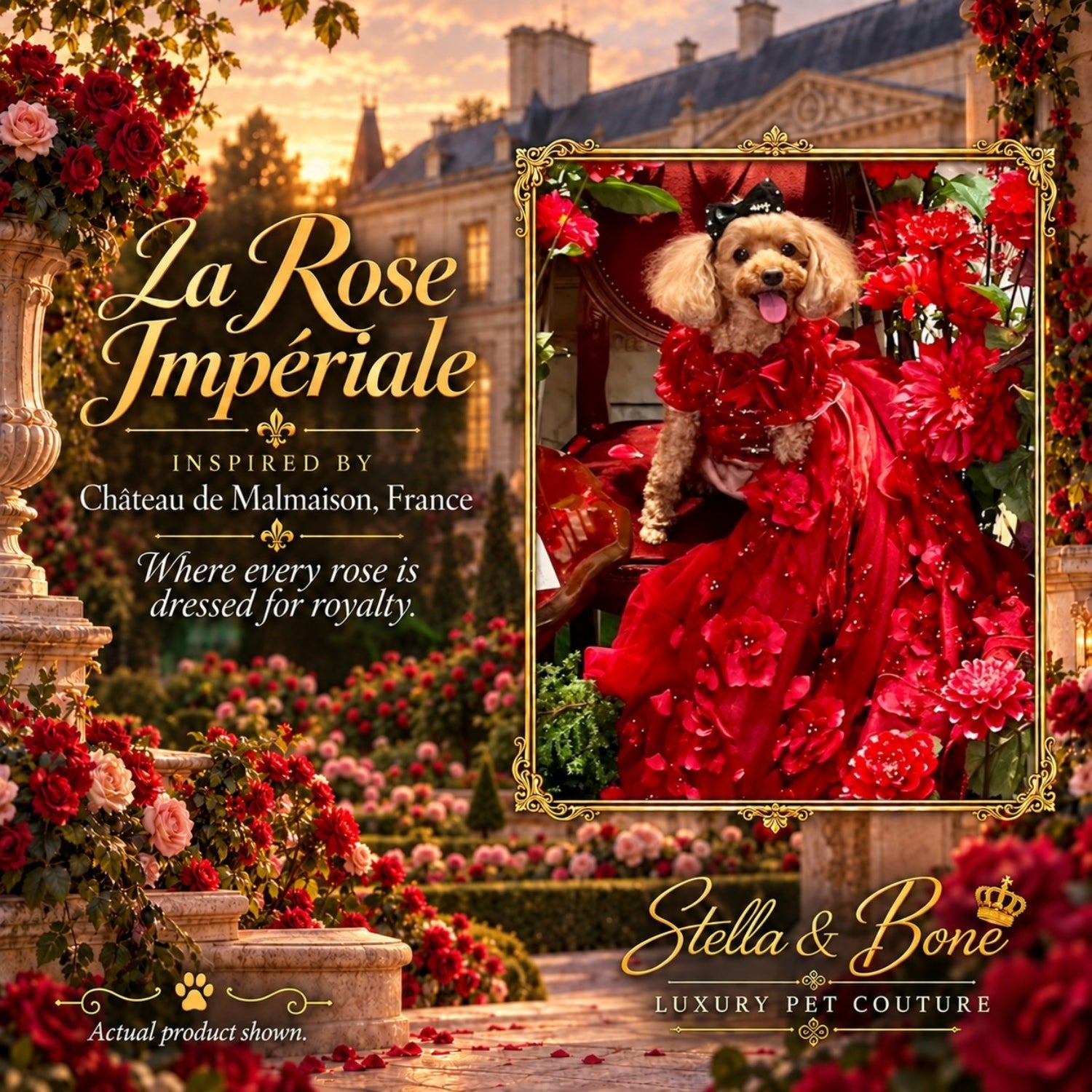 La Rose Imperiale luxury red rose dog dress with a floral gown on a small poodle in a French castle garden