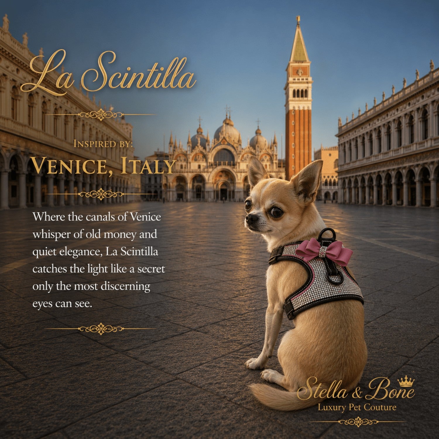 La Scintilla luxury pink dog harness on a Chihuahua model, featuring designer pet couture in a Venice Italy square.