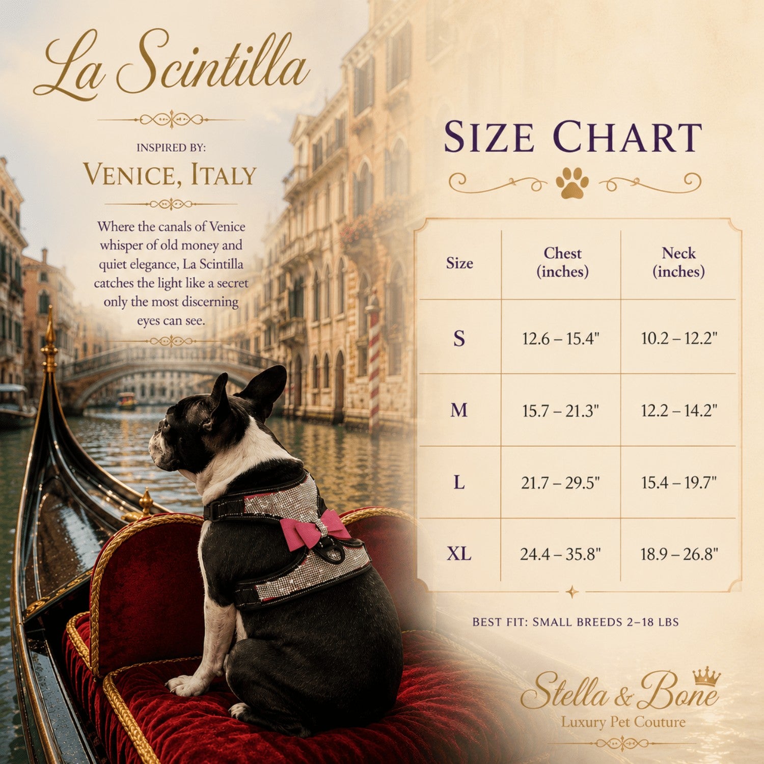 La Scintilla size chart for luxury pet couture dog harnesses