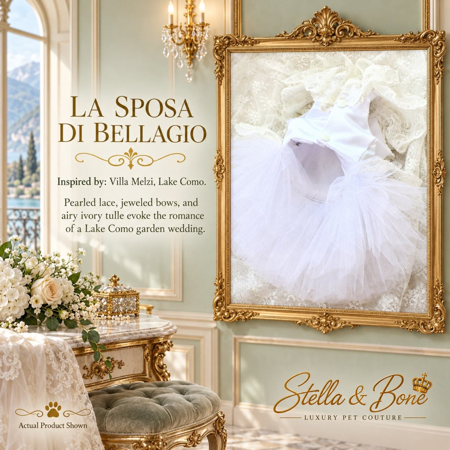 La Sposa di Bellagio ivory dog wedding dress belly view featuring an airy tiered tulle skirt for a pet bridal look.
