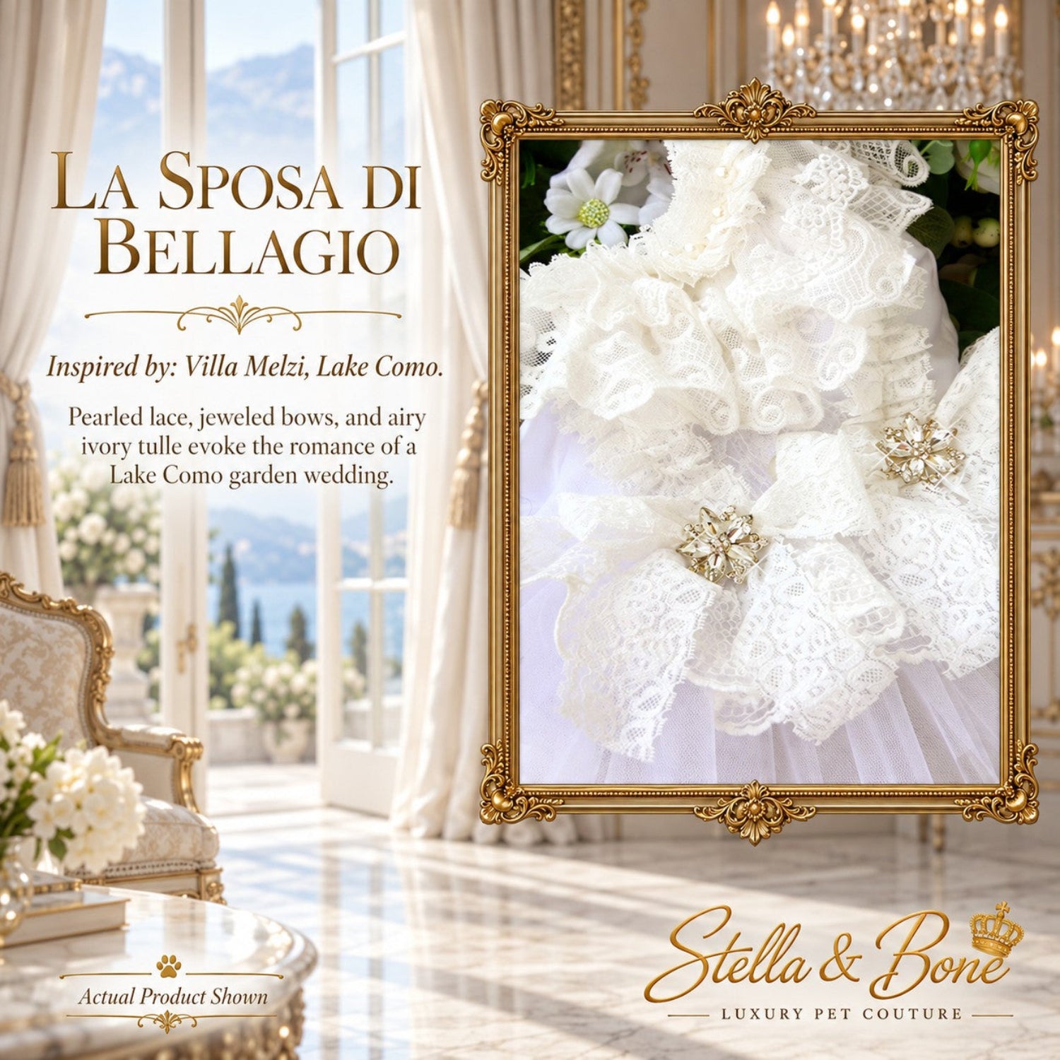  La Sposa Di Bellagio luxury dog wedding dress close-up with ivory pearled lace, jeweled bows, and tiered garden tulle.