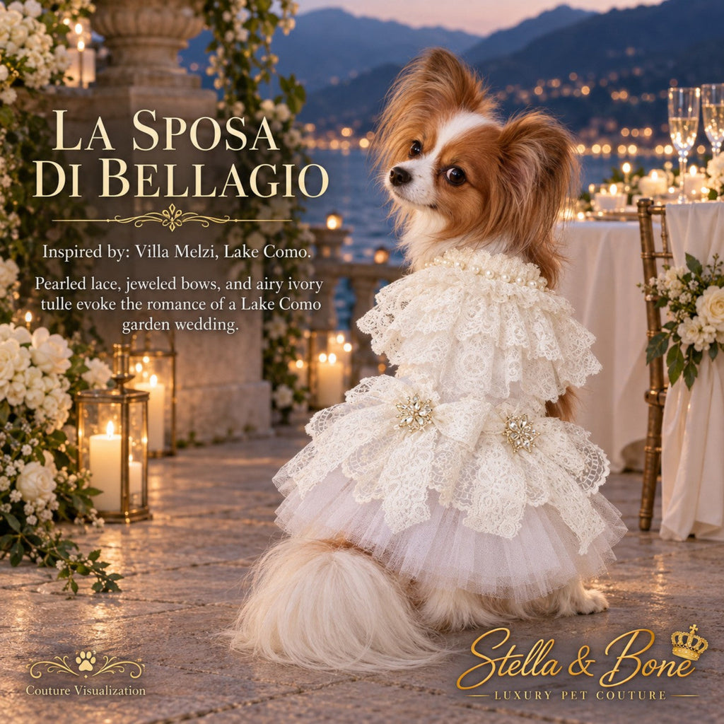 La Sposa Di Bellagio luxury dog wedding dress with ivory lace and tiered tulle ruffles, worn by a small Papillon dog.
