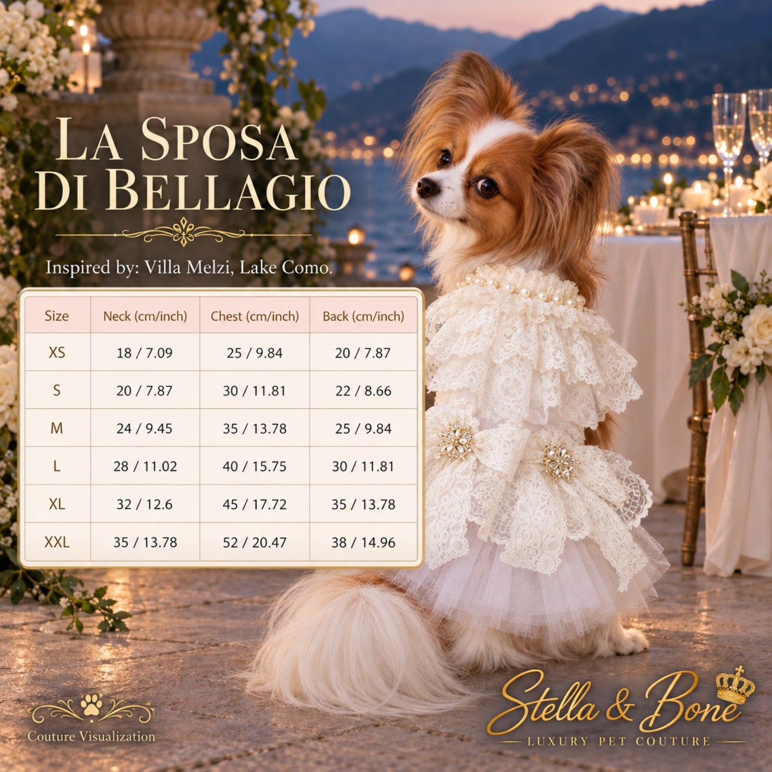 Size chart for La Sposa Di Bellagio luxury dog wedding dress, featuring measurement tables and bespoke tailoring options.
