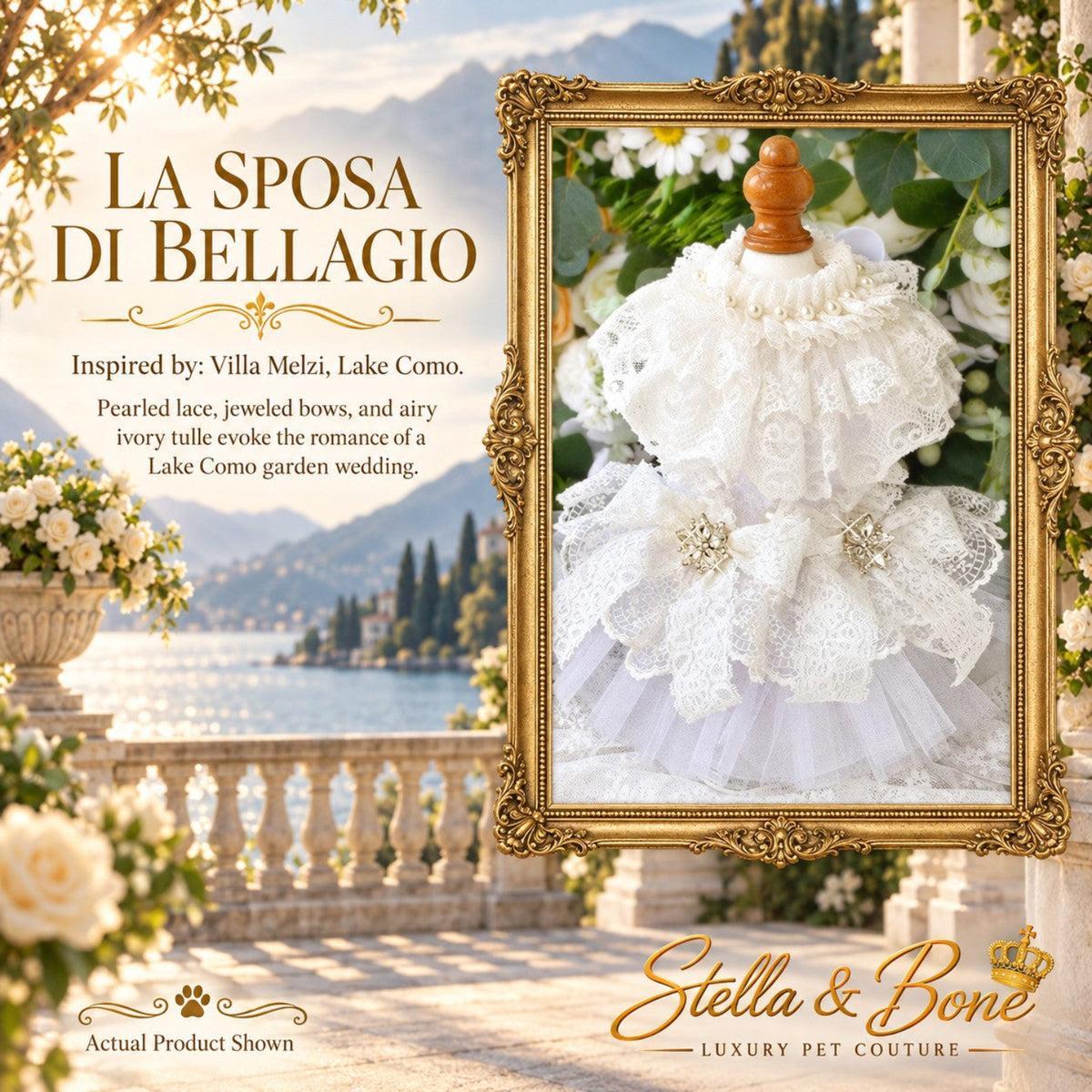 La Sposa di Bellagio couture ivory pearled lace dog wedding dress with jeweled bows and a tulle skirt.
