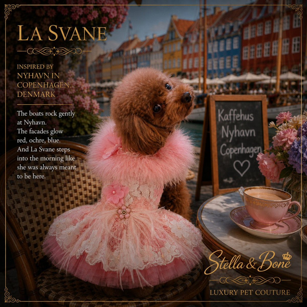 La Svane pink dog dress inspired by Copenhagen Denmark worn by a poodle sitting at an outdoor cafe by a colorful harbor.
