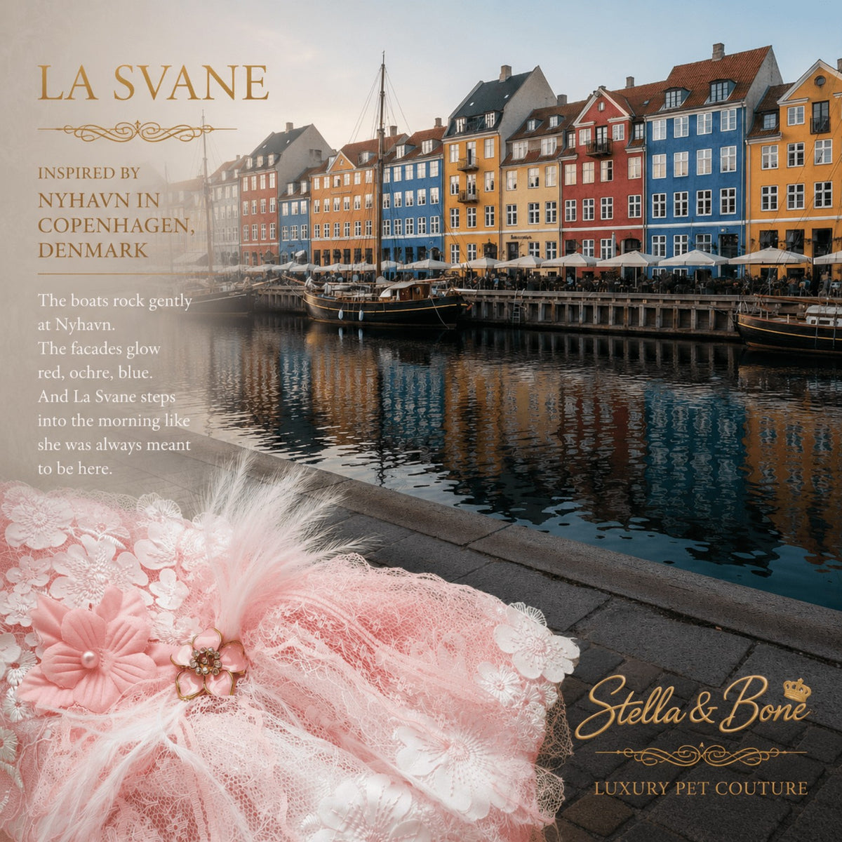 La Svane pink pet dress close up view with lace flowers and feathers by the Nyhavn Copenhagen Denmark canal waterfront.