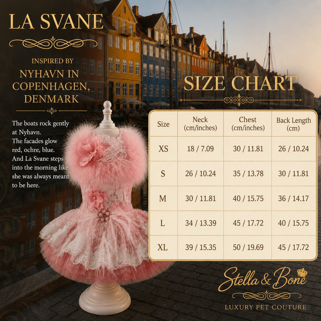 La Svane pink pet dress size chart inspired by Copenhagen Denmark featuring measurements and custom bespoke sizing options.