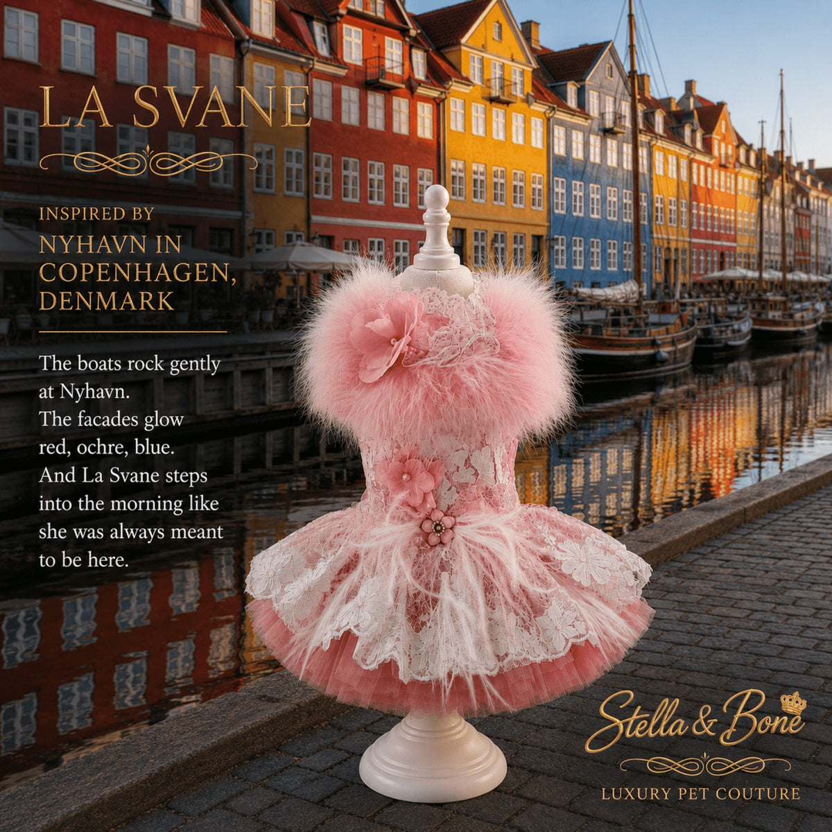 La Svane pink pet dress inspired by Copenhagen Denmark featuring feathers and lace on a mannequin by a colorful harbor.