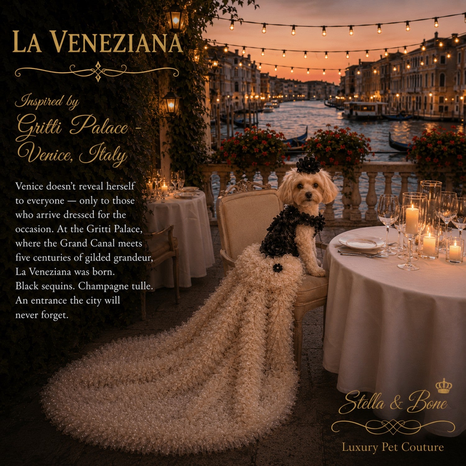 A dog sitting at a table in Venice wearing La Veneziana, a Black and Champagne couture creation with the detachable train.