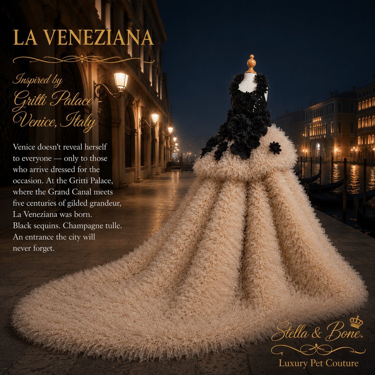 La Veneziana, Black and Champagne Sequin pet couture gown with train. for black-tie events
