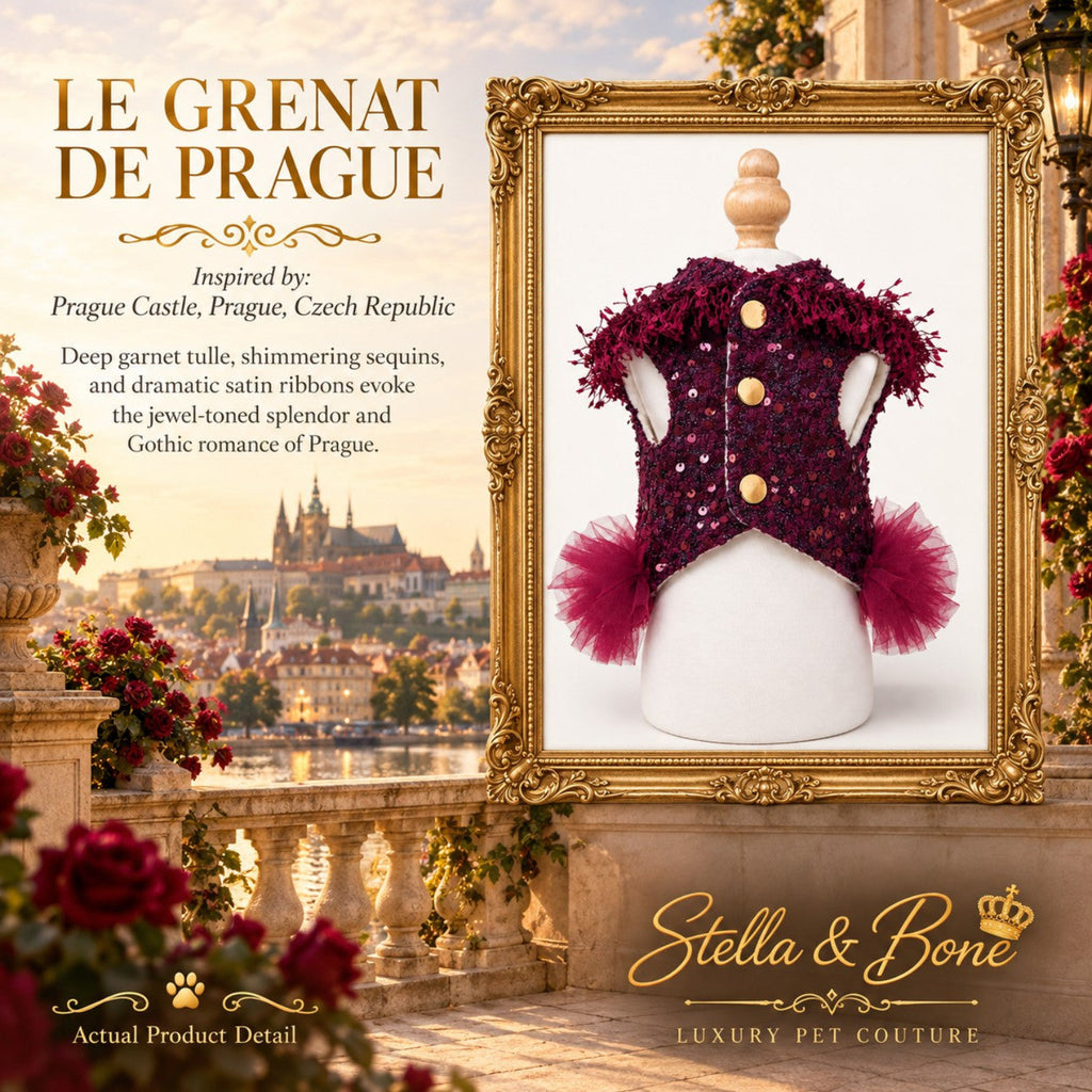 Le Grenat De Prague couture dog wedding dress bodice detail showcasing gold buttons and deep garnet sequins.