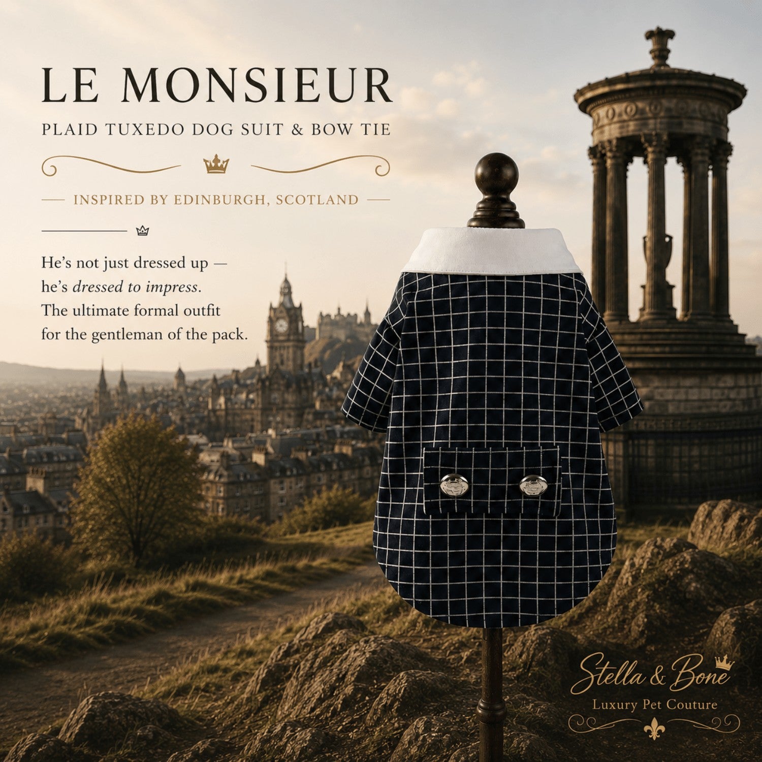 Le Monsieur luxury plaid tuxedo dog suit back view on a mannequin, featuring designer pet formal clothing in Edinburgh.