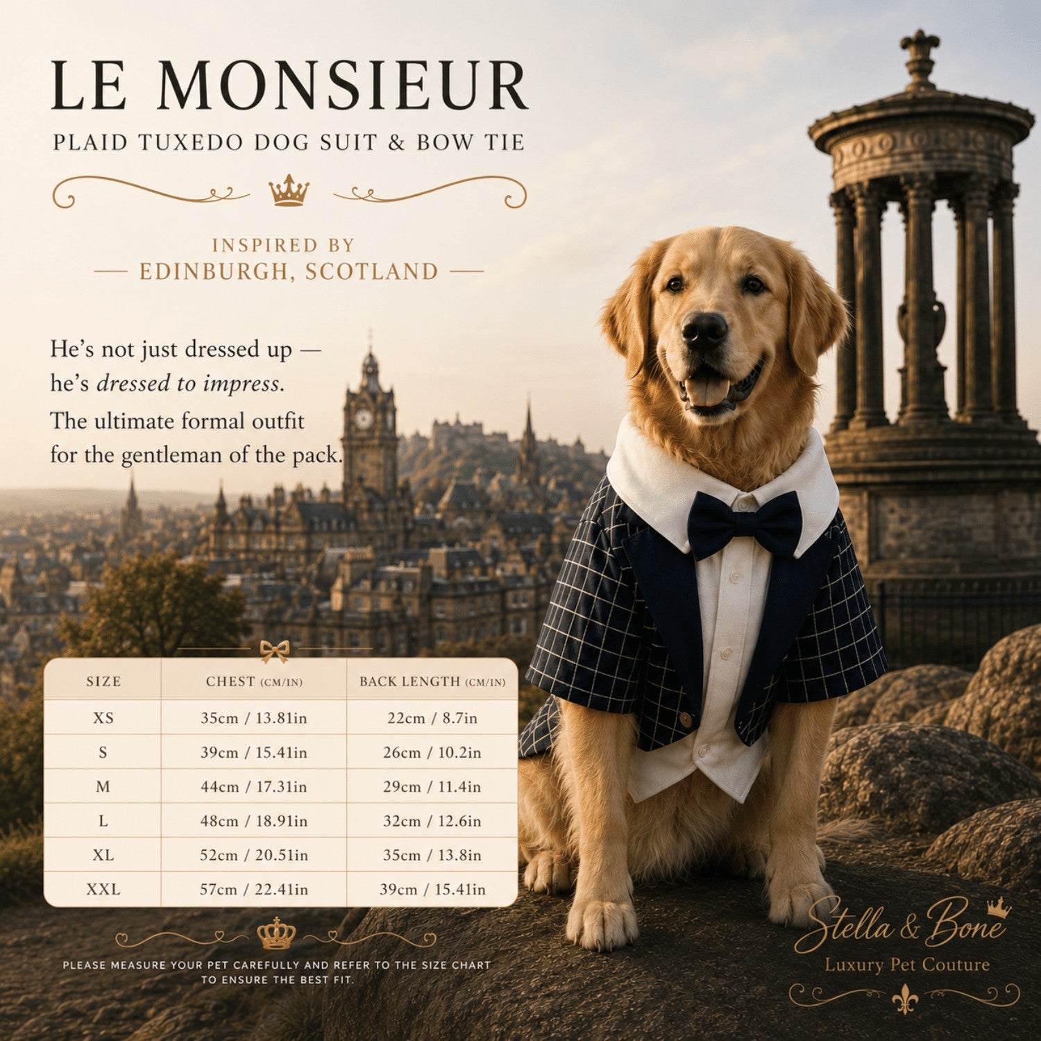 Le Monsieur luxury plaid tuxedo dog suit size chart, detailing premium formal apparel fit dimensions on a retriever.