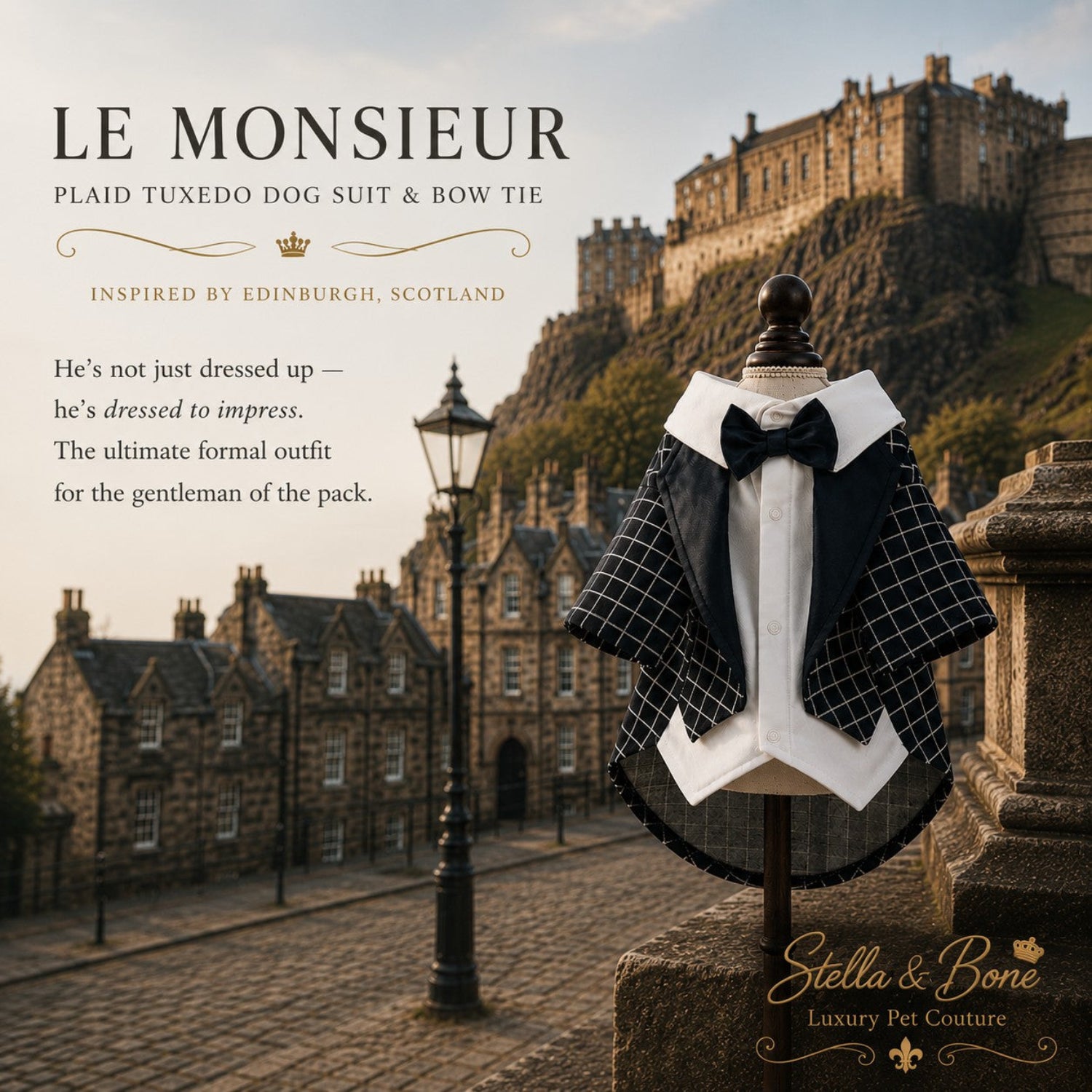 Le Monsieur luxury plaid tuxedo dog suit on a mannequin, featuring designer pet formal wear by an Edinburgh castle.