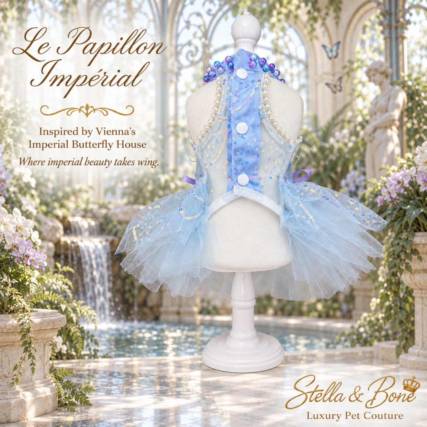 Back view on a mannequin of Le Papillon Imperial blue dog photoshoot dress with a pearl halter neck and snap buttons.