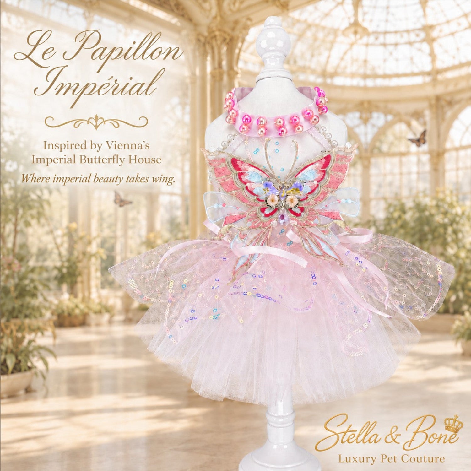 Le Papillon Imperial pink tulle dog couture wedding dress with embroidered butterfly wings and a pearl collar on a mannequin