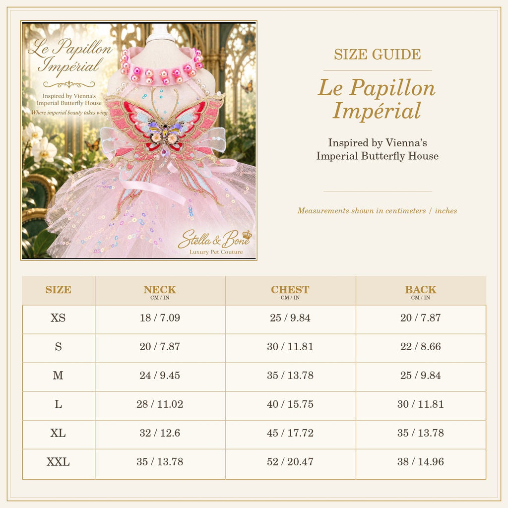 Size chart for Le Papillon Imperial, couture dog dress with bespoke customization available