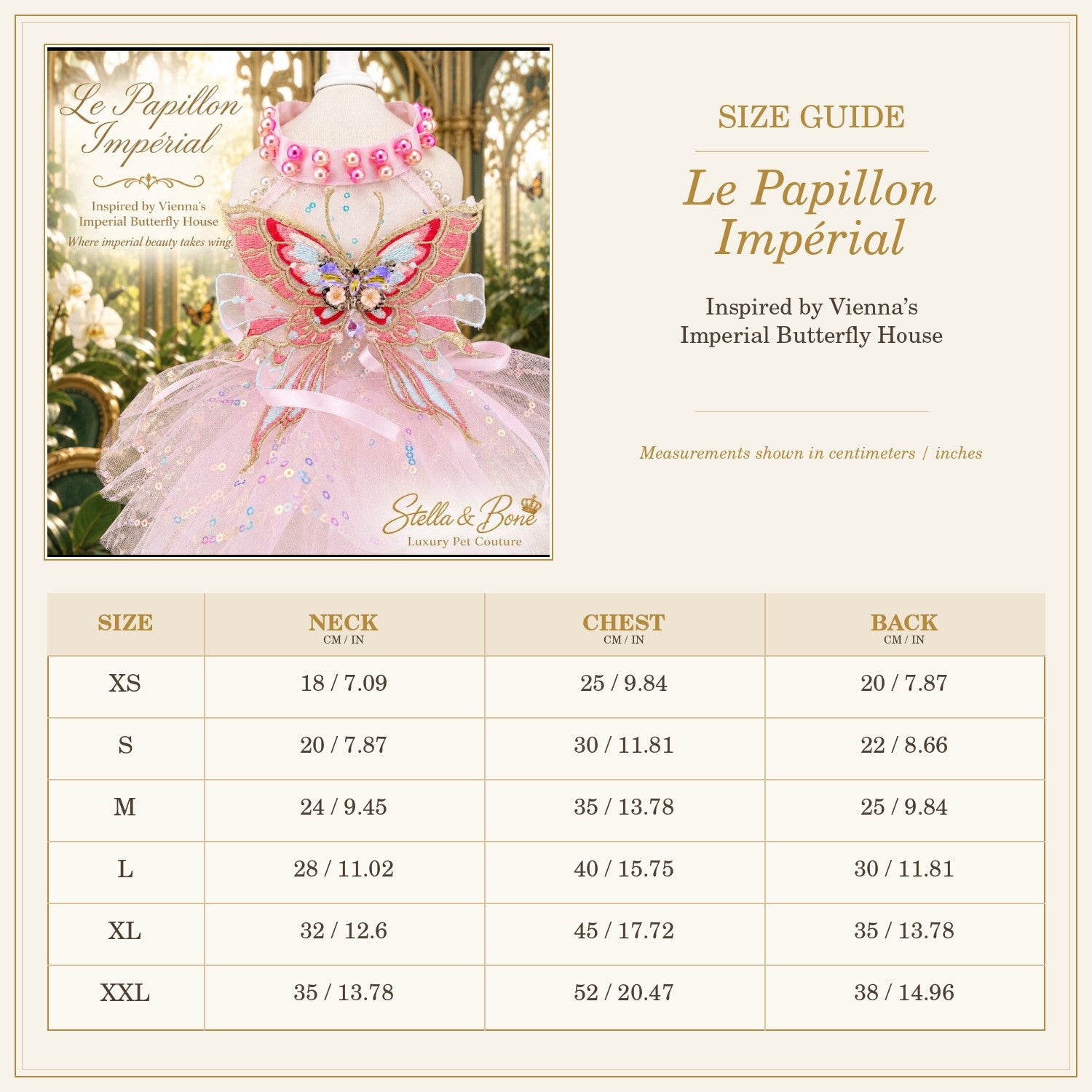 Size chart for Le Papillon Imperial, couture dog dress with bespoke customization available