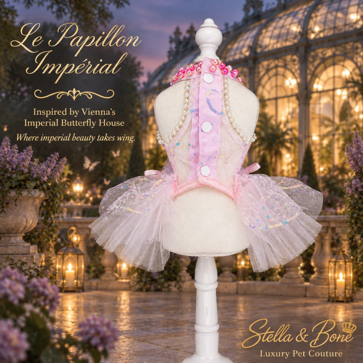 Back view of Le Papillon Imperial pink dog birthday dress with a pearl trim halter neck and snap button closure on mannequin
