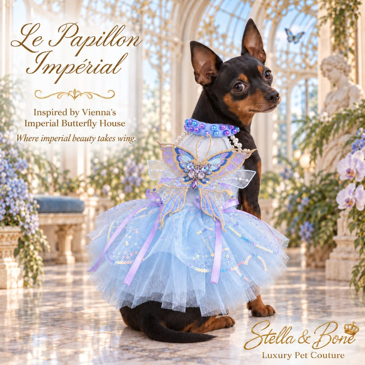 Pinscher dog wearing Le Papillon Imperial blue dog wedding dress with embroidered butterfly wings and a pearl collar.