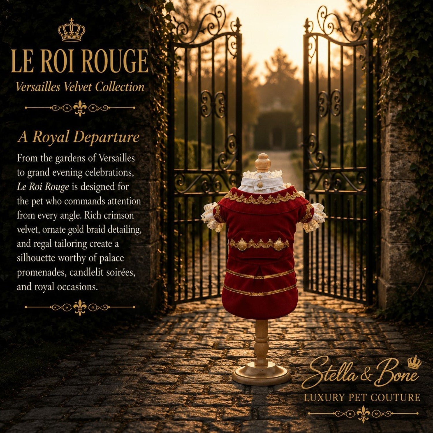 Le Roi Rouge luxury crimson velvet dog cape back view, showcasing gold braid details by sunset palace gates.