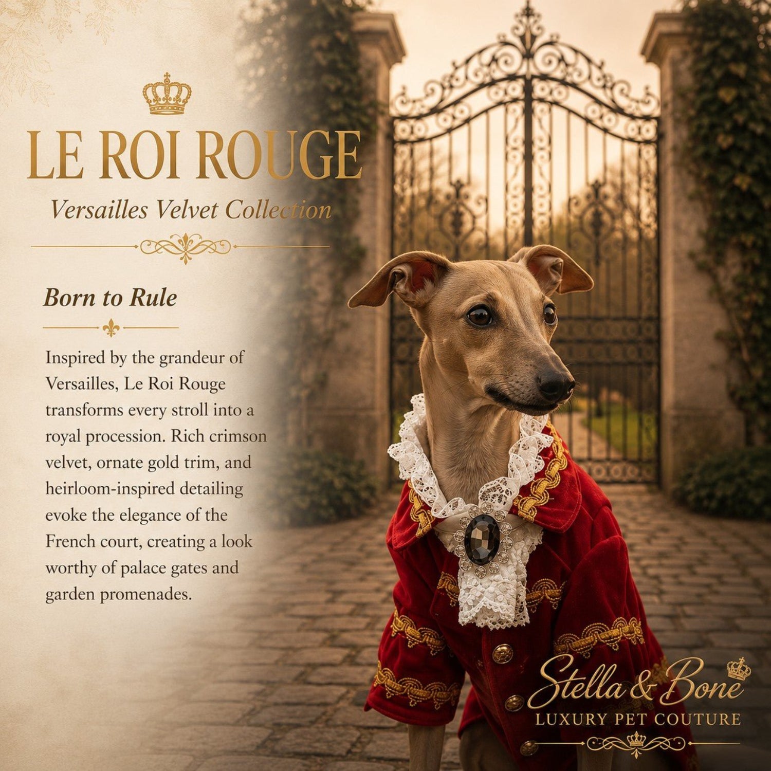 Le Roi Rouge luxury crimson velvet dog cape close-up on a greyhound, showcasing designer lace ruff collar details.
