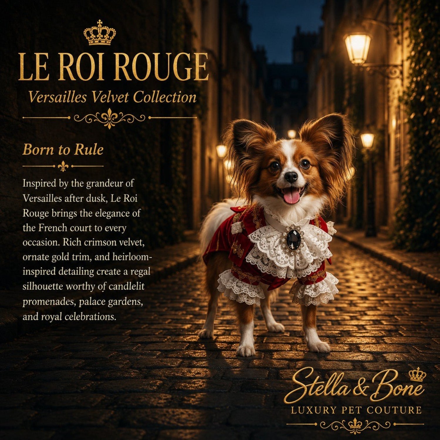 Le Roi Rouge luxury crimson velvet dog cape on a Papillon, featuring designer pet couture on a candlelit street.