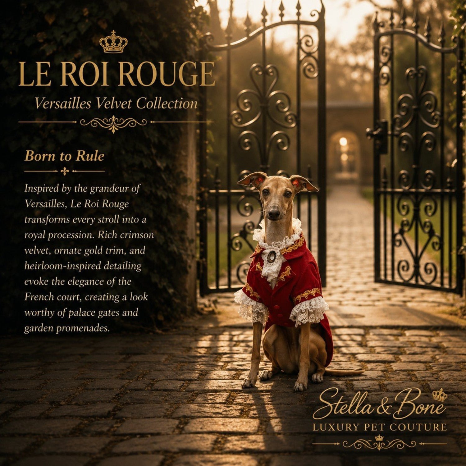 Le Roi Rouge luxury crimson velvet dog cape on a greyhound, featuring designer pet couture by ornate palace gates.