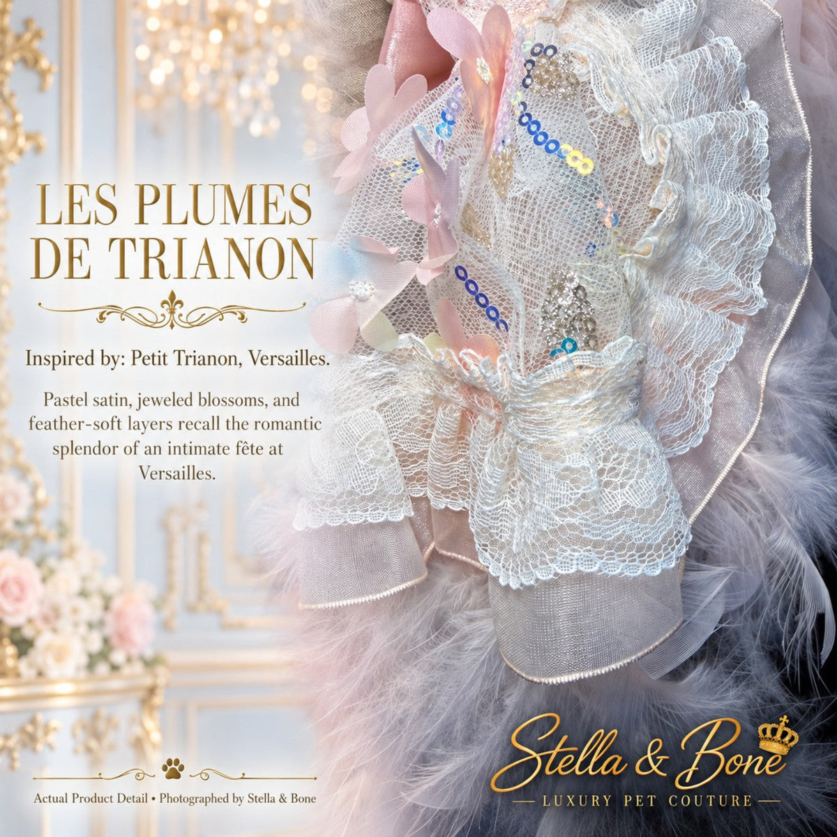 Close-up bodice of Les Plumes de Trianon luxury dog gown showcasing pink lace fabric, 3D jeweled blossoms, and pearls.